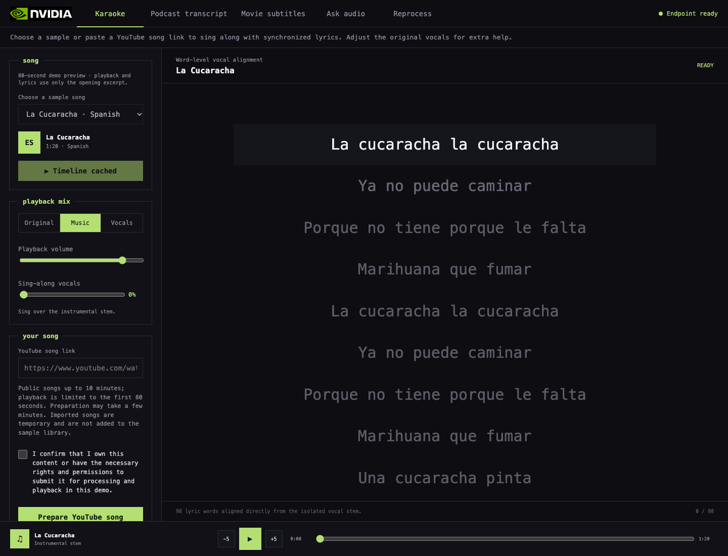Screenshot of NVIDIA's nemotron-transcribe demo Space on the Karaoke tab, showing word-aligned lyrics for a Spanish sample song and the Podcast transcript, Movie subtitles and Ask audio tabs