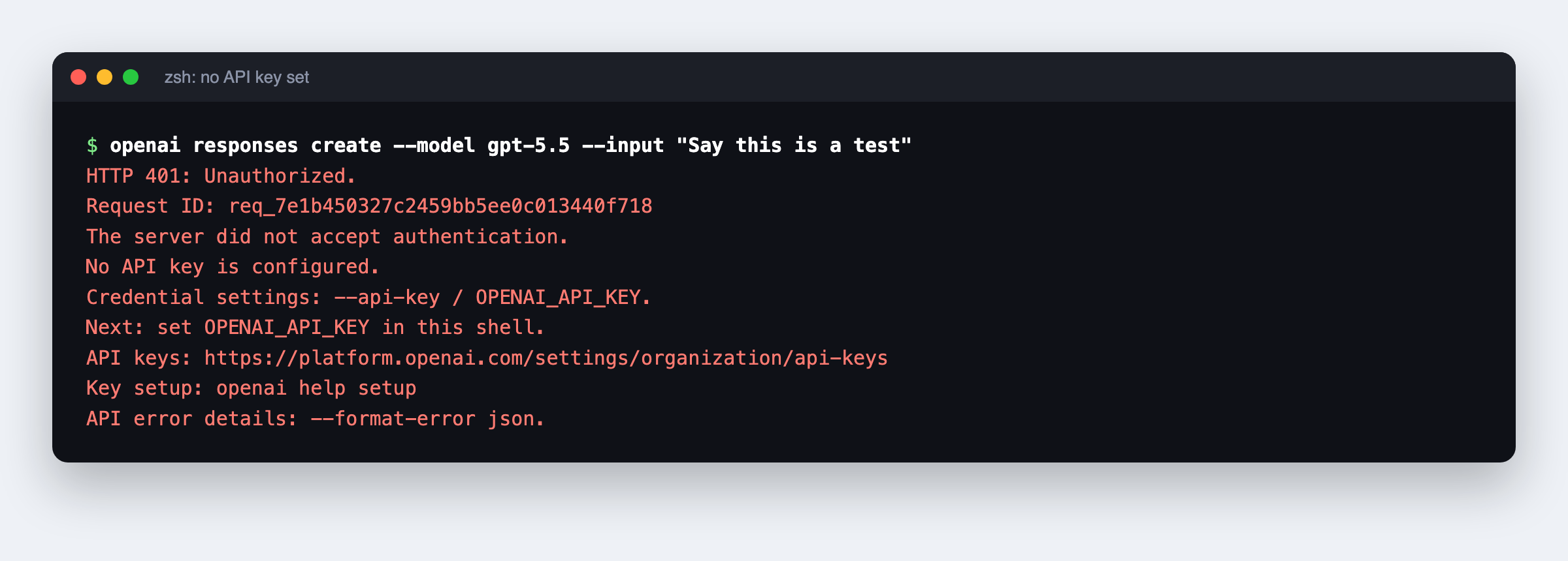 OpenAI CLI returns HTTP 401 Unauthorized when no API key is configured