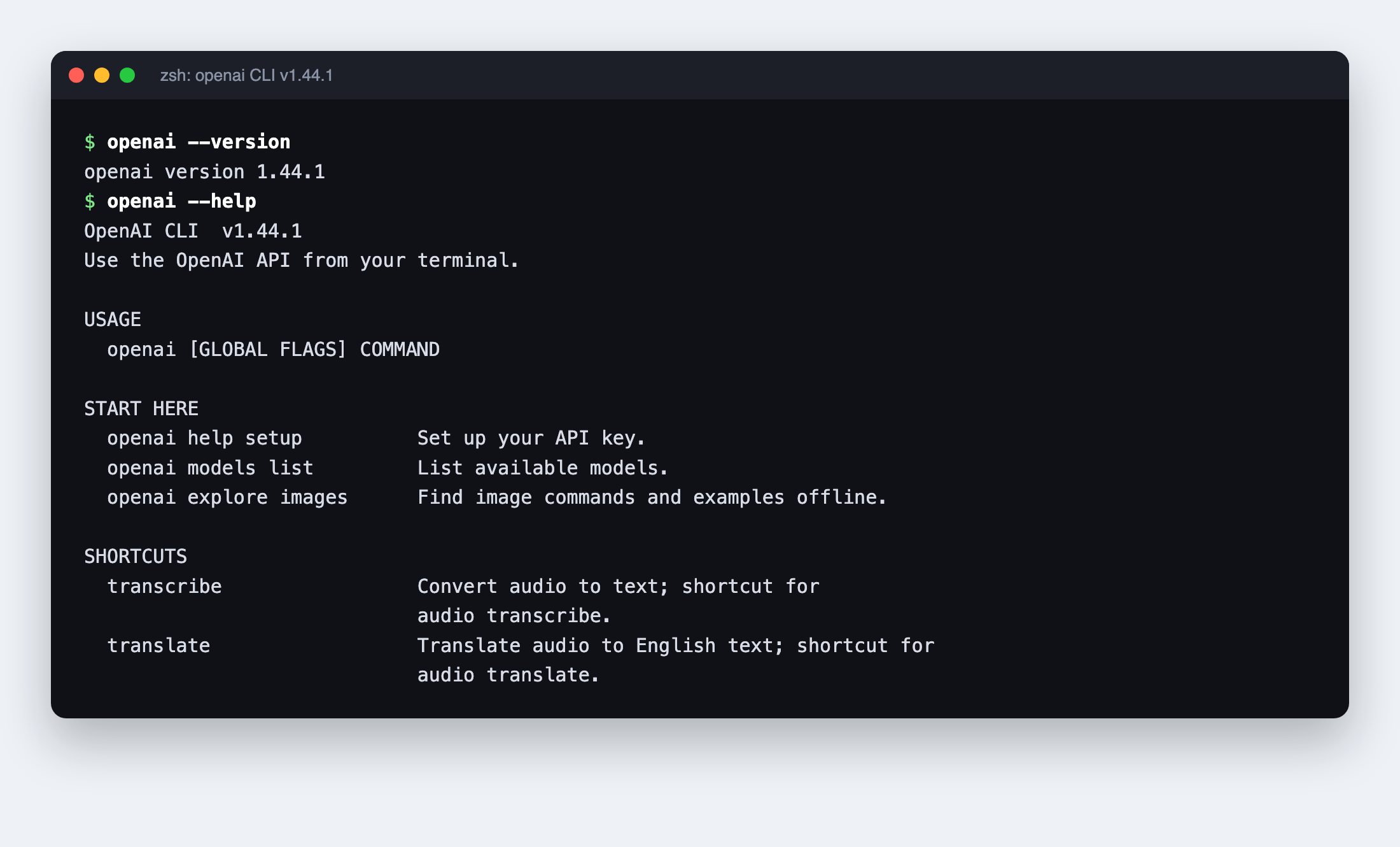 openai --version and openai --help output from OpenAI CLI v1.44.1