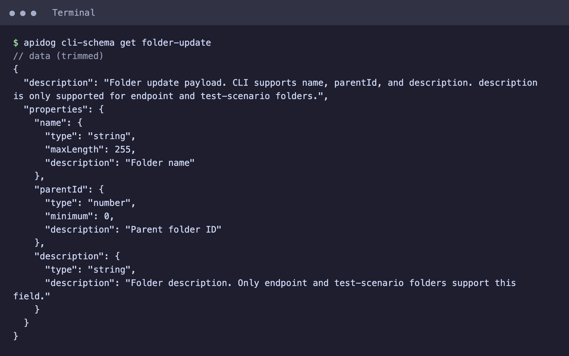 apidog cli-schema get folder-update shows the folder description field the agent writes to