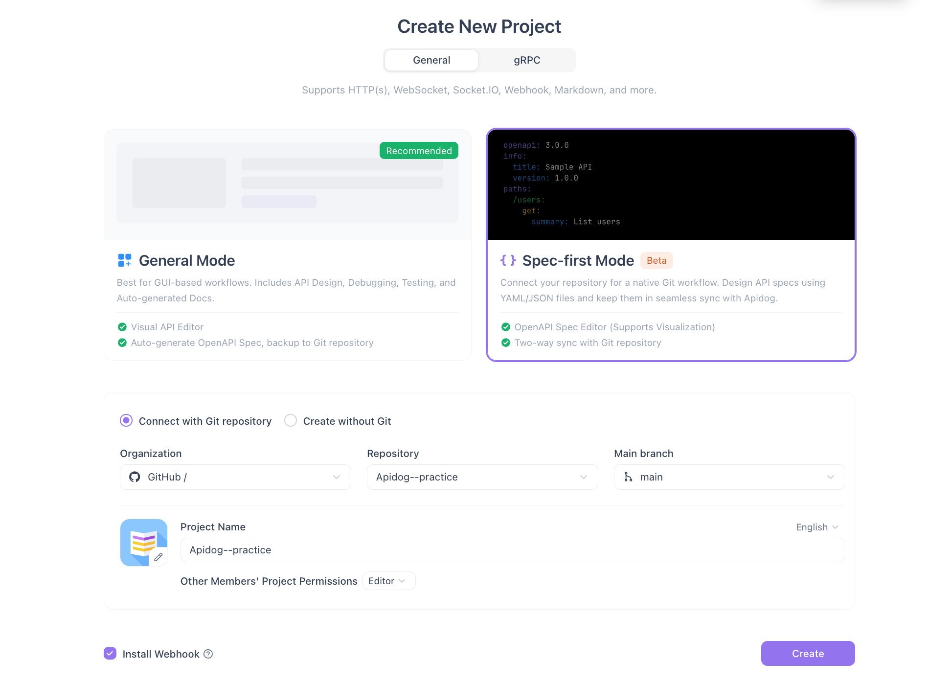 Creating a Spec-first Mode project in Apidog: connect a GitHub repository, pick the main branch and tick Install Webhook