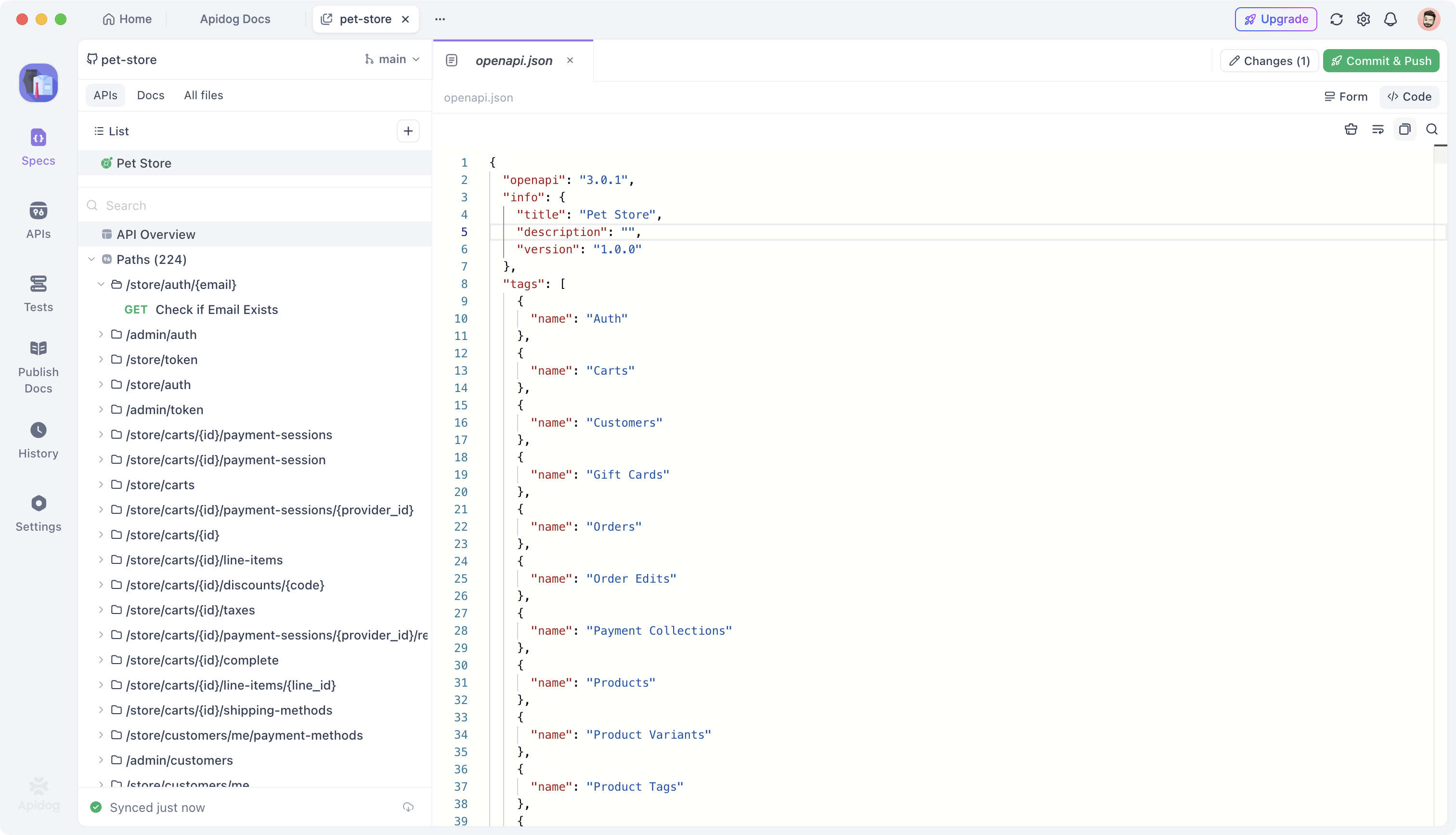 The Specs workspace in Apidog after a Git sync, with APIs, Docs and All files tabs and a Synced just now status