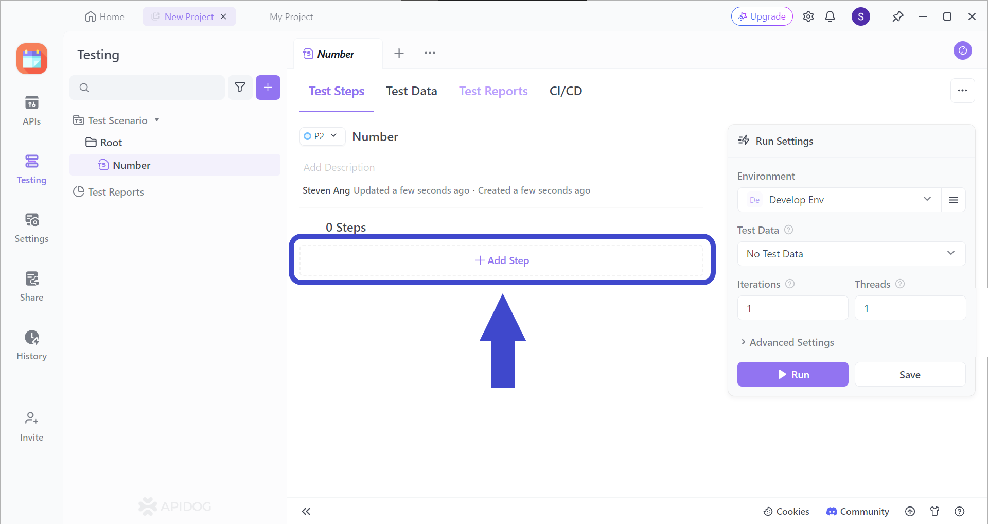 adicionar passo novo cenário de teste api apidog