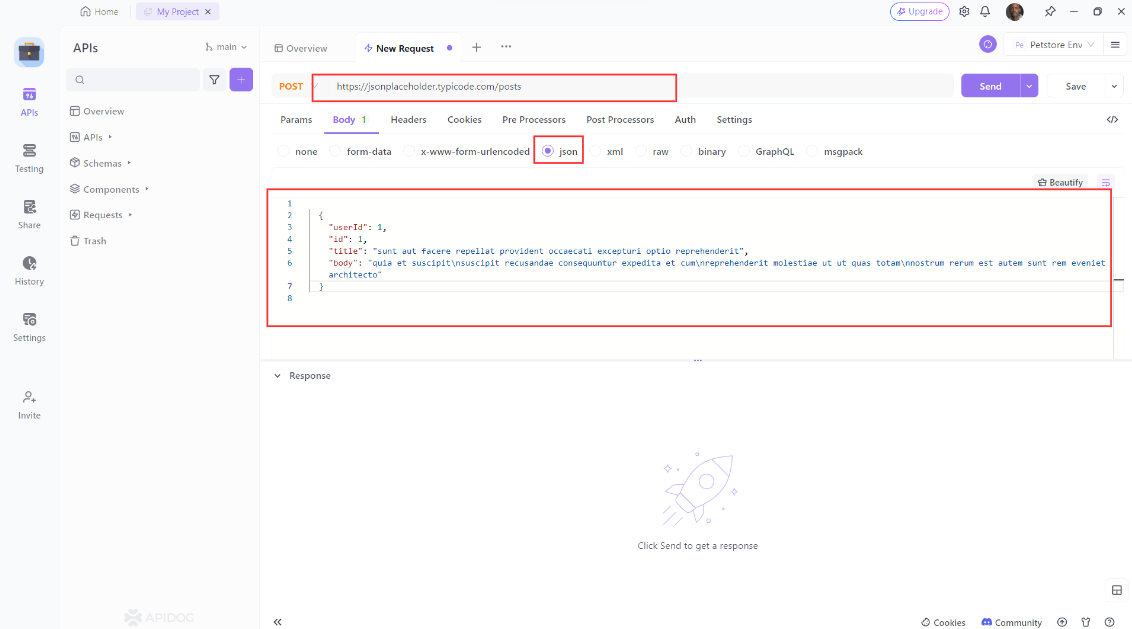 input the JSON data you wish to send