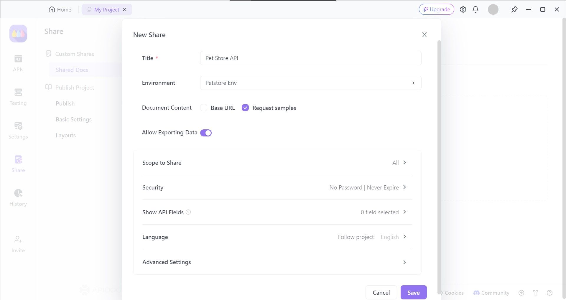 input dados da api e selecionar propriedades da documentação da api apidog