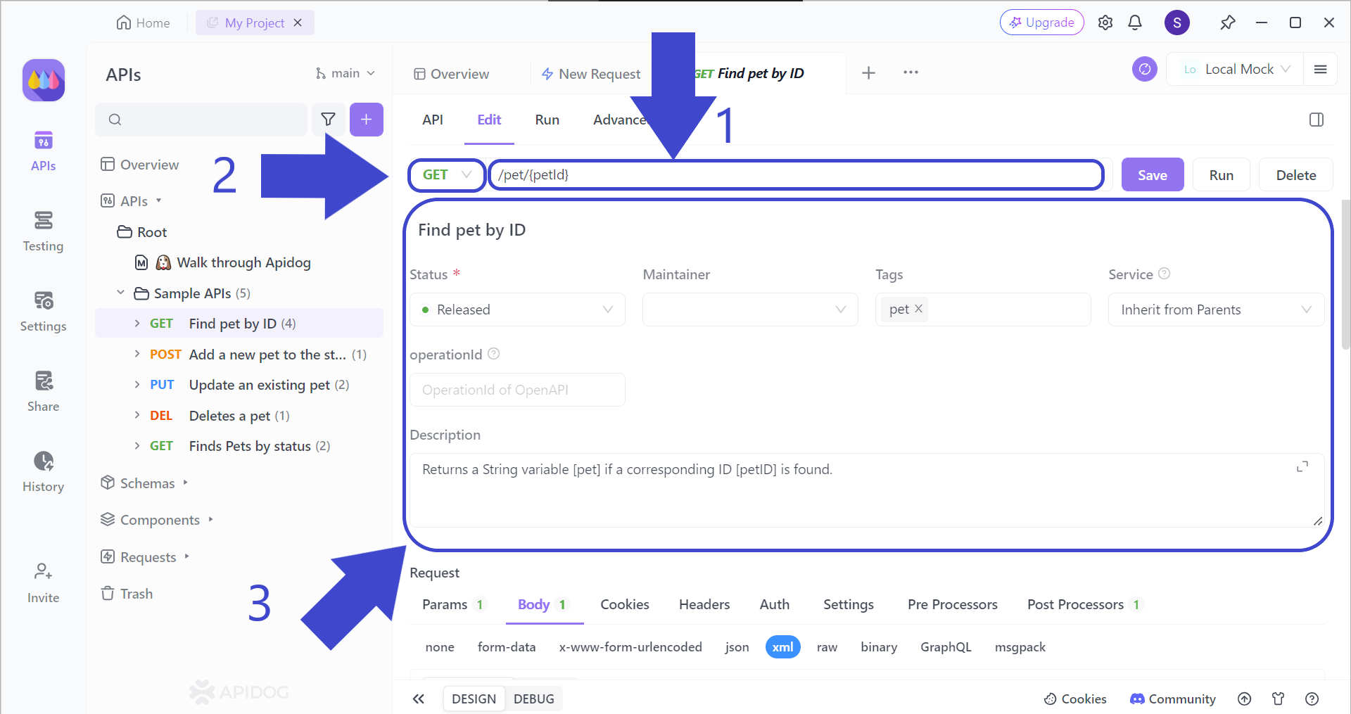 desenhando parâmetros de api endpoint apidog