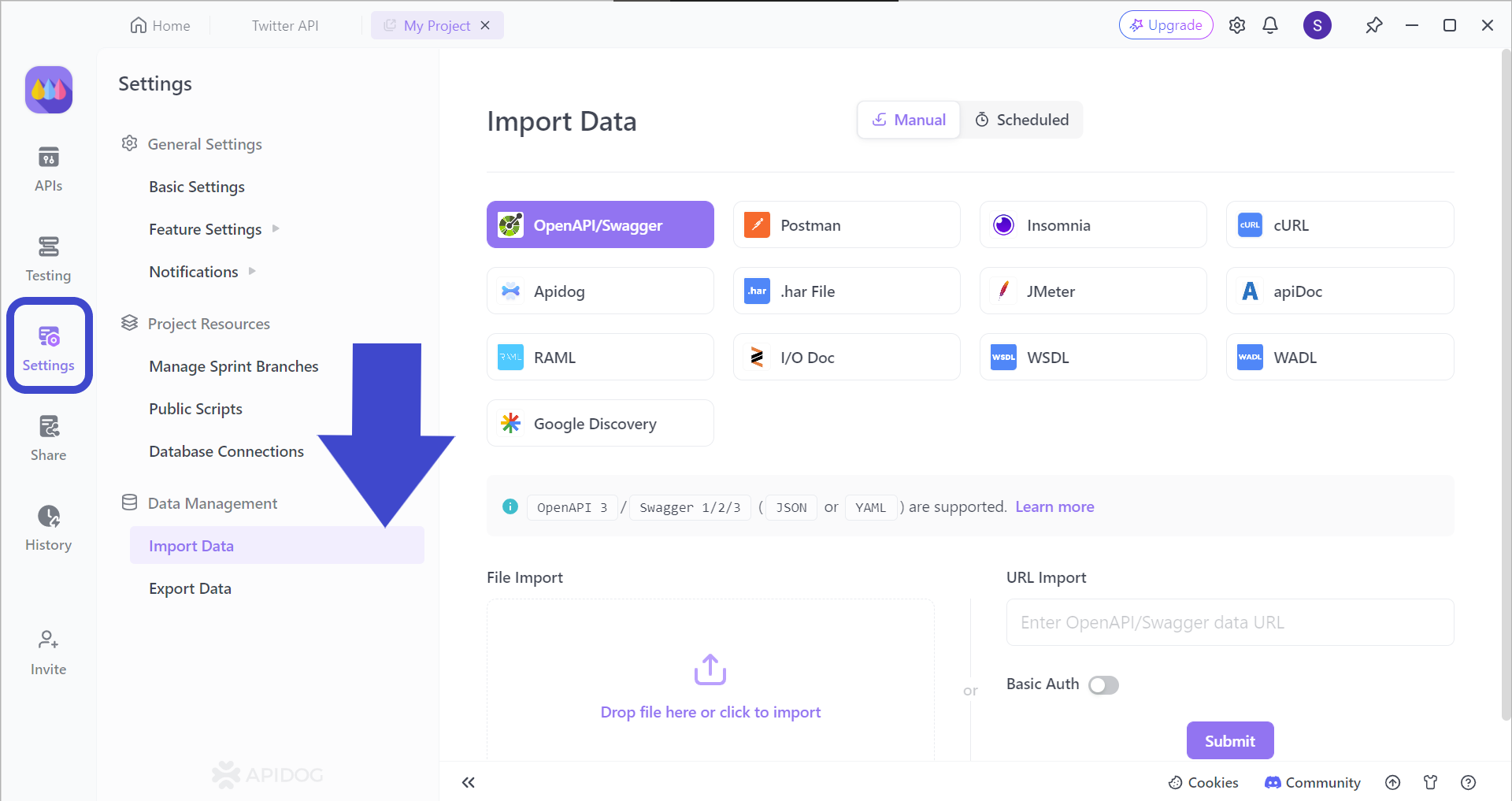 importar diferentes tipos de arquivo para o Apidog