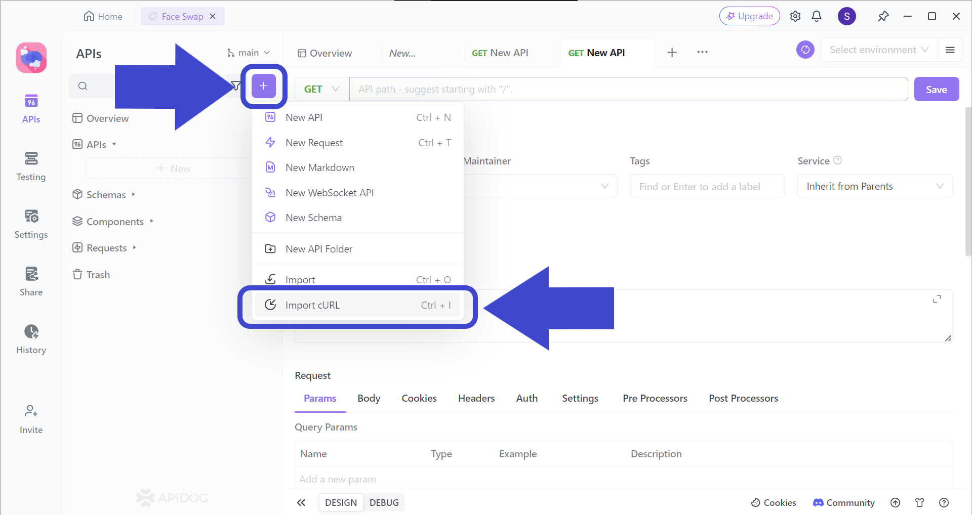 start curl import apidog