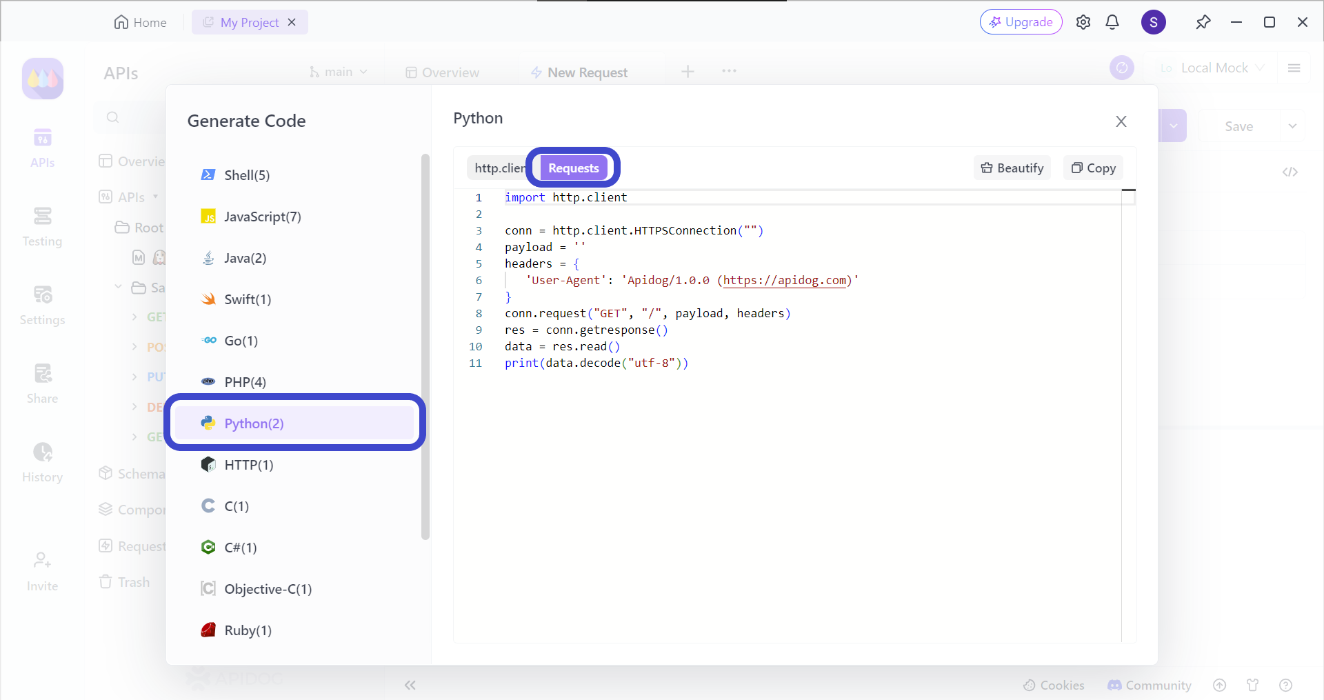 geração de linguagem de cliente de solicitação python apidog