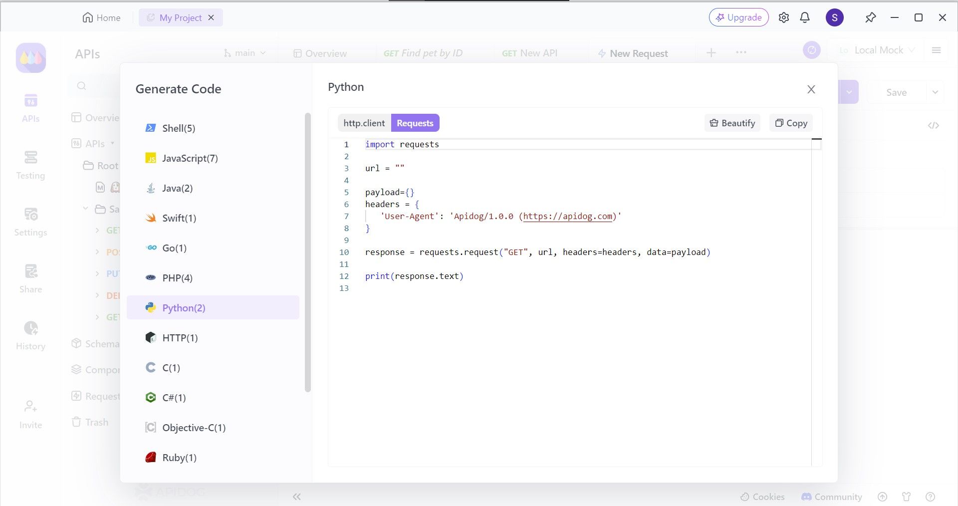 apidog gerar código do cliente python