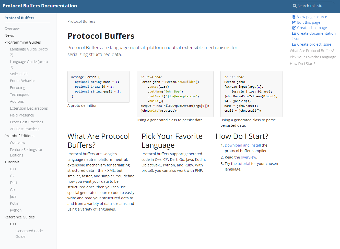 Documentação oficial do Protocol Buffers