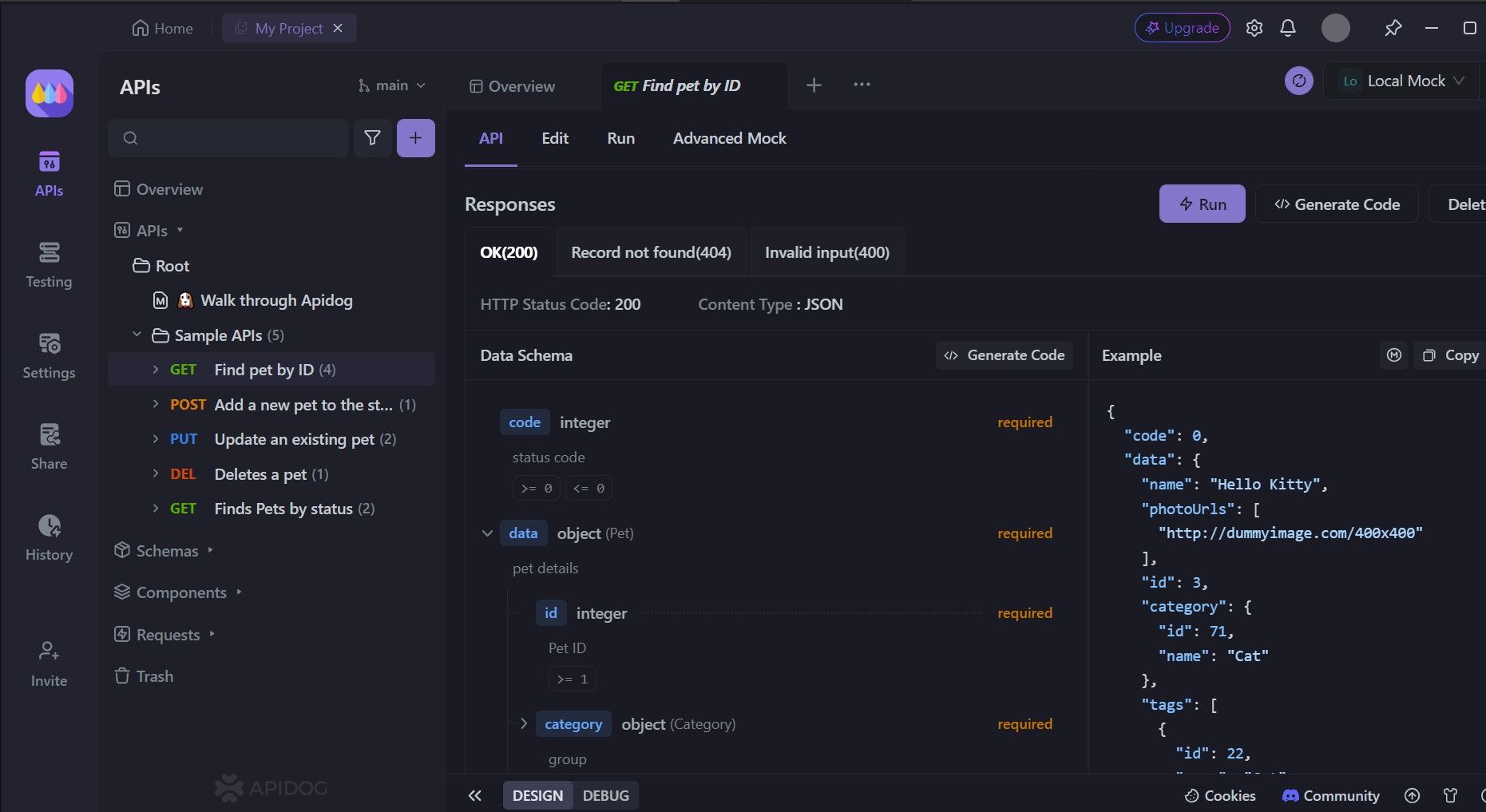 set api responses and status type apidog