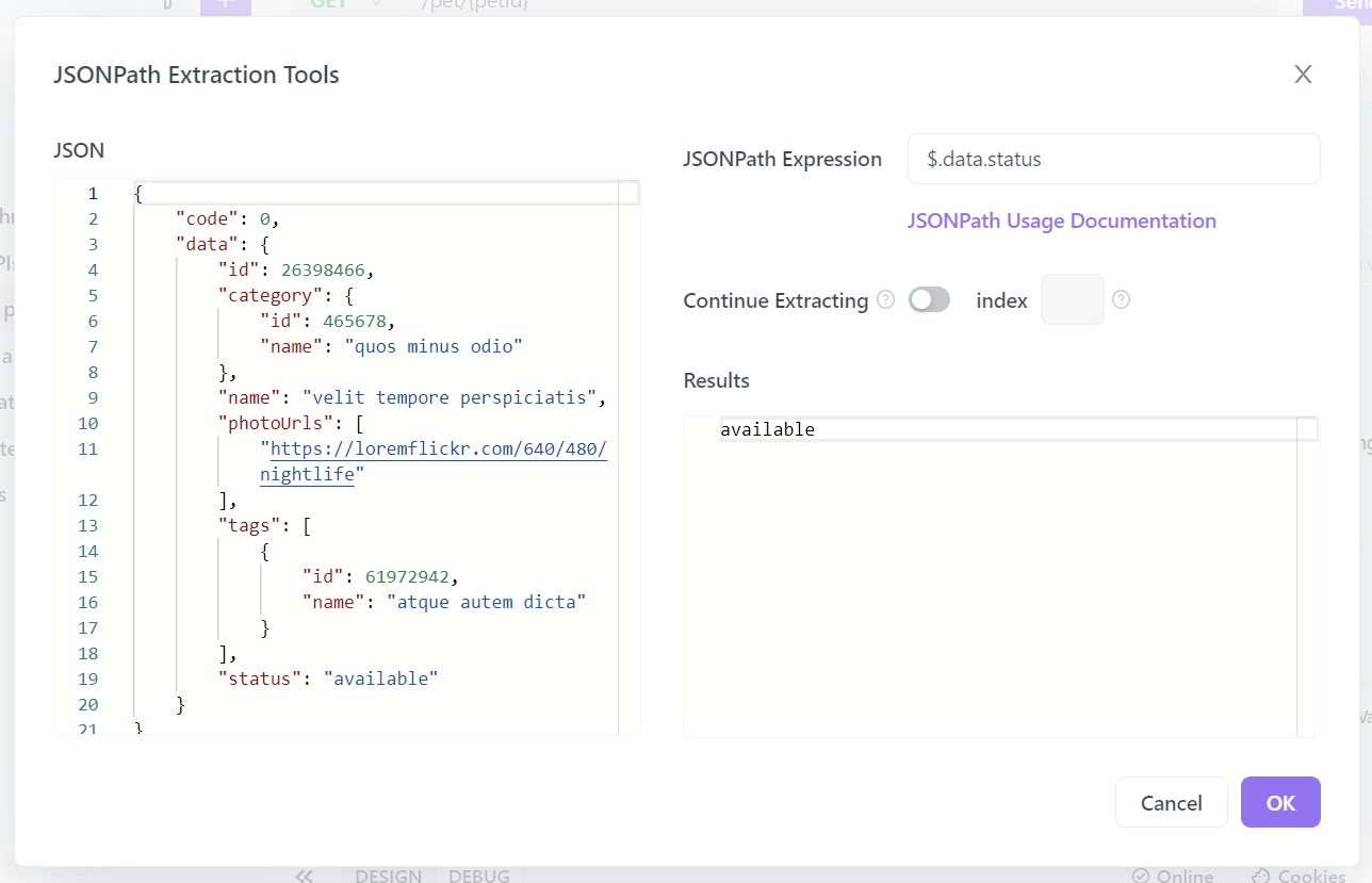 jsonpath extraction tool apidog