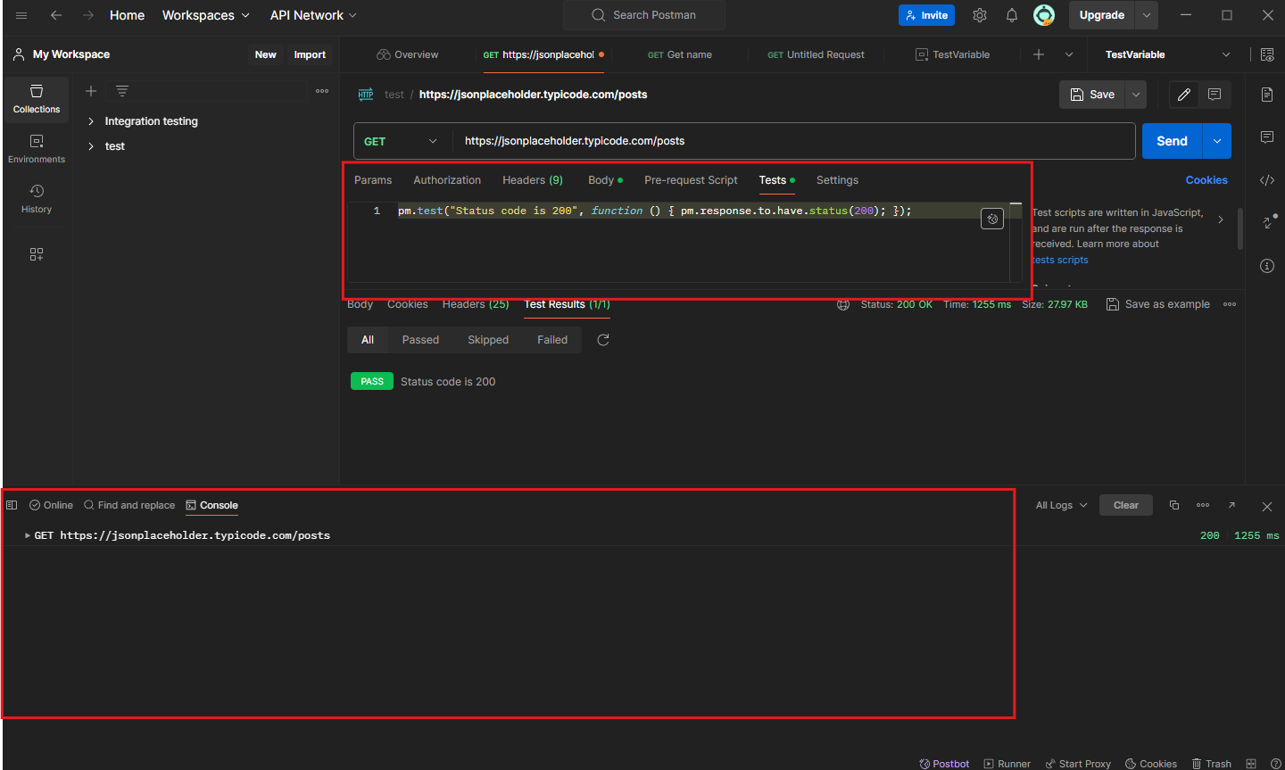 Console result in postman