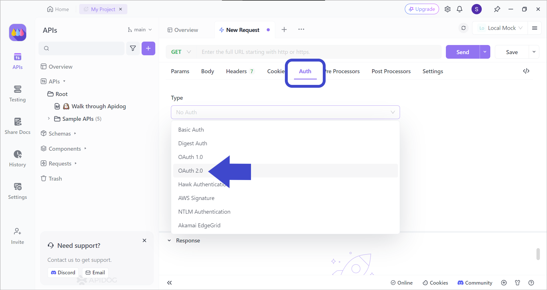 new request select authentication type apidog