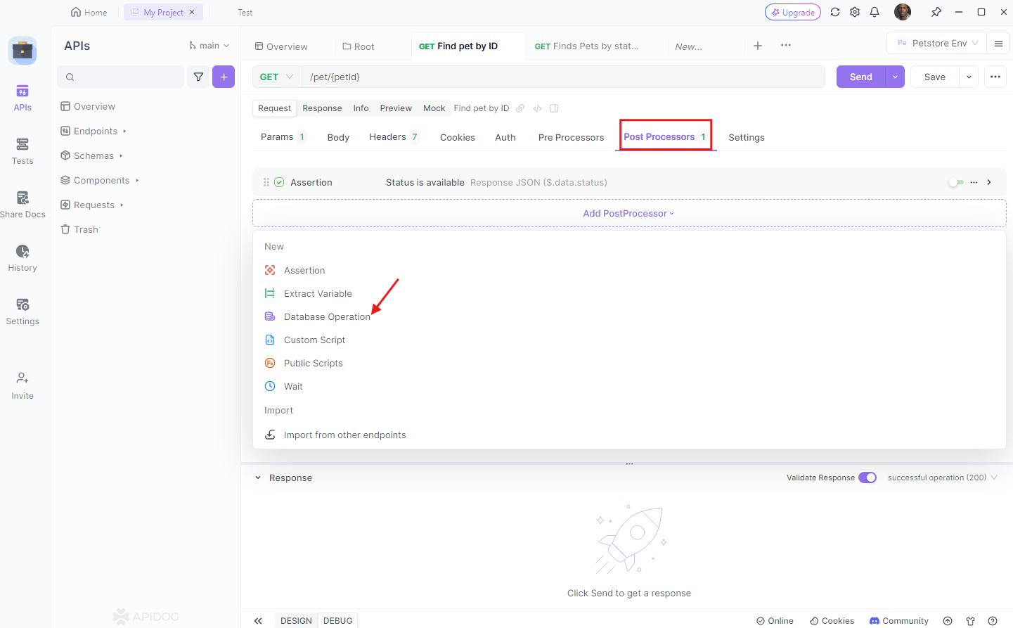 Click "Processors Operation" in the API and select "Database Operations".