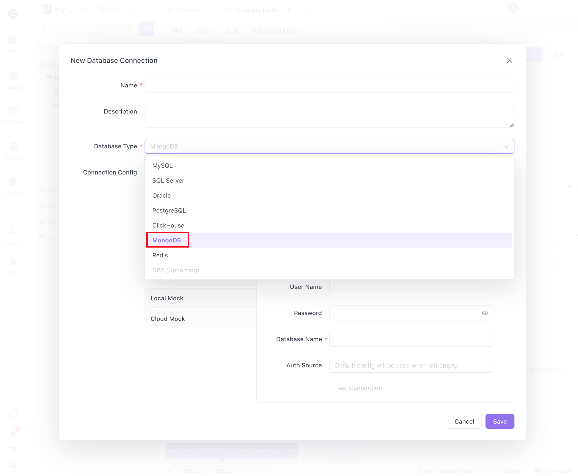 Select MongoDB database type