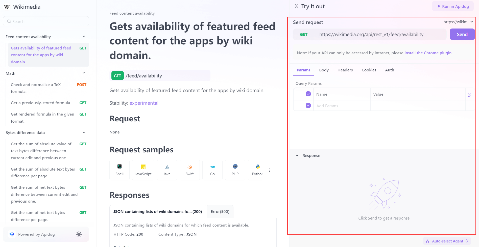 You can send API request directly on documentation created by Apidog