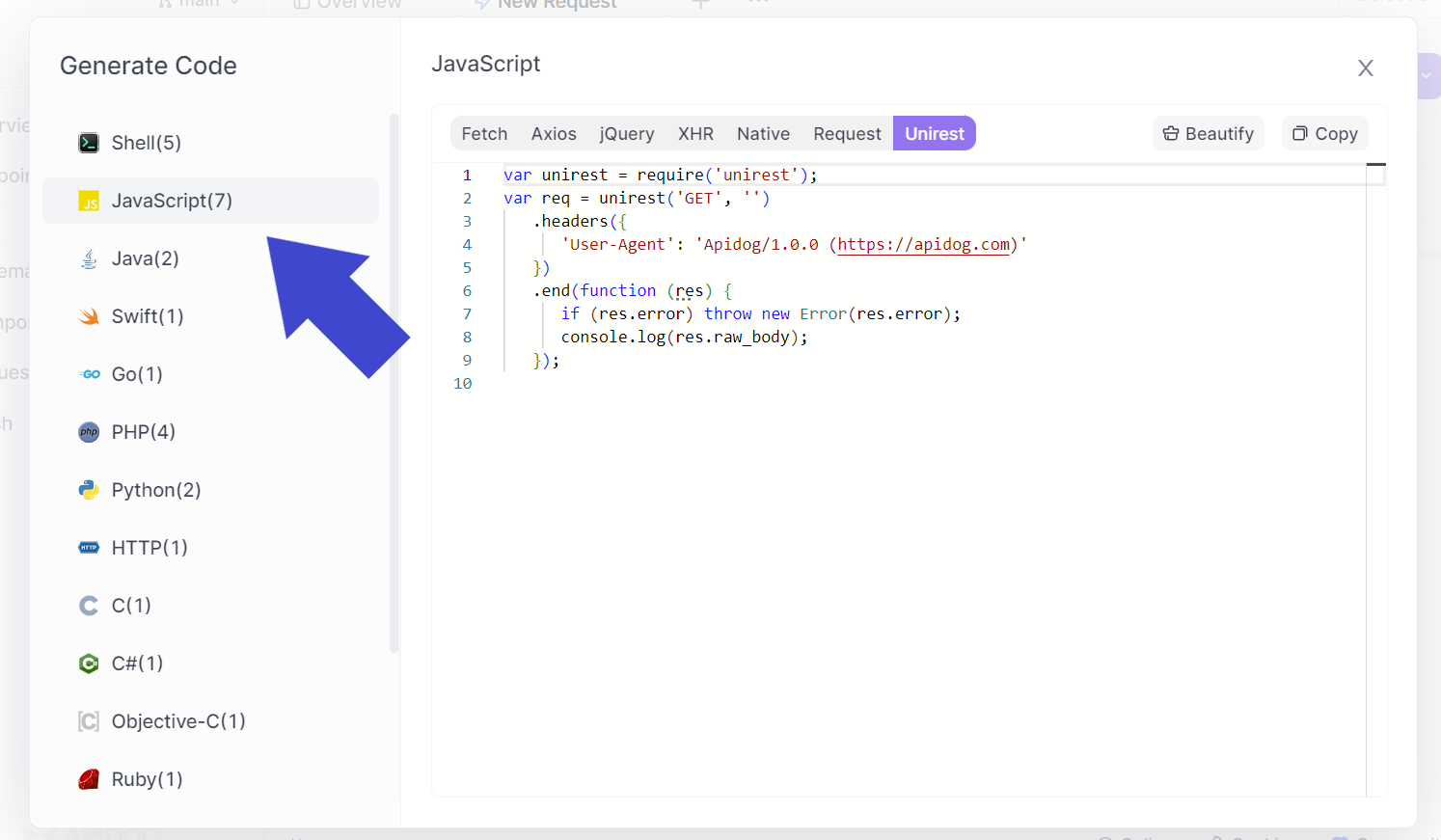 apidog generate javascript unirest code