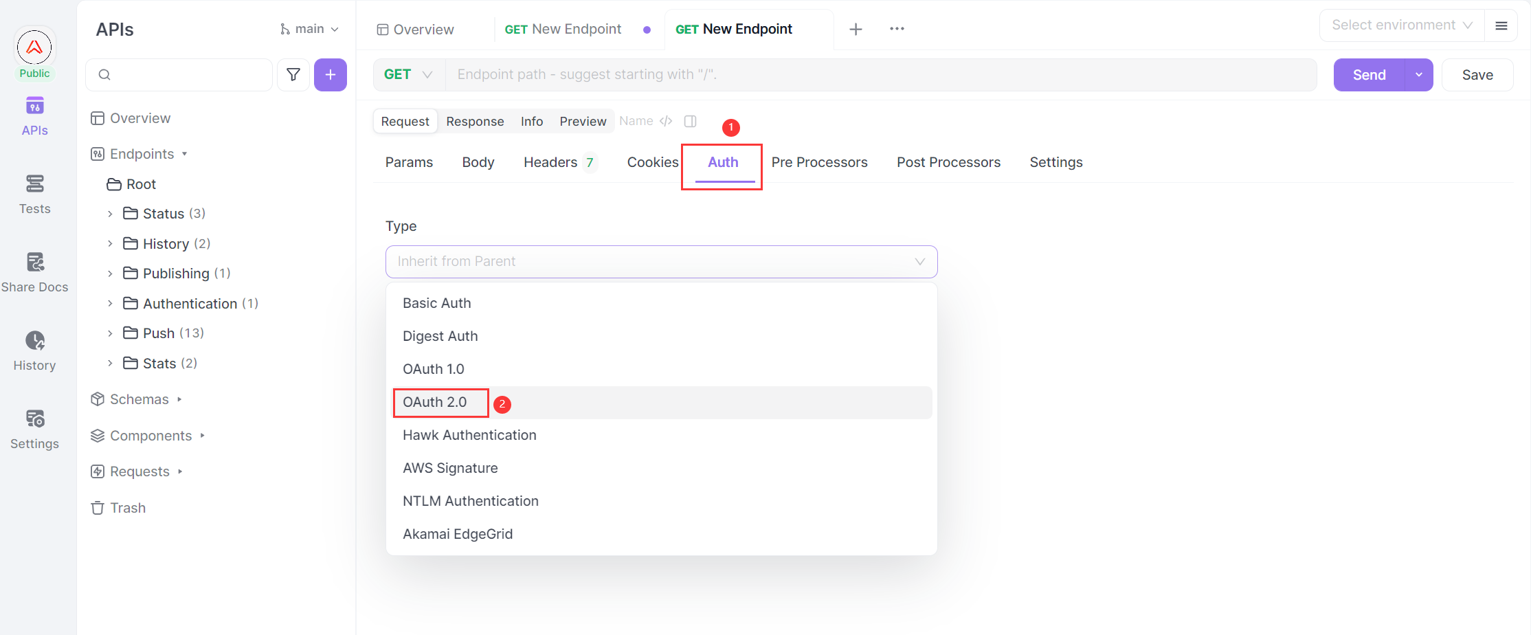 Find and choose Auth type for obtaining API tokens