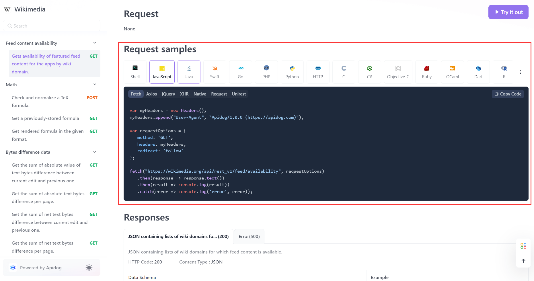 You can generate request and response code in the online doc created by Apidog