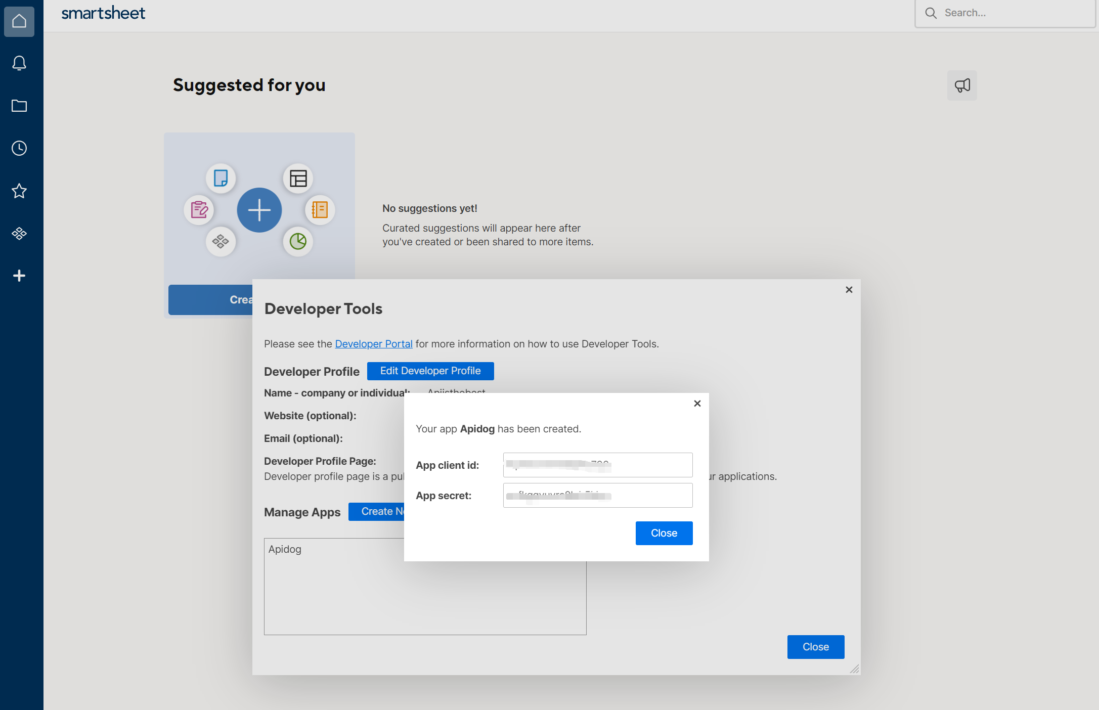 Smartsheet assigns the app a client ID and a client secret