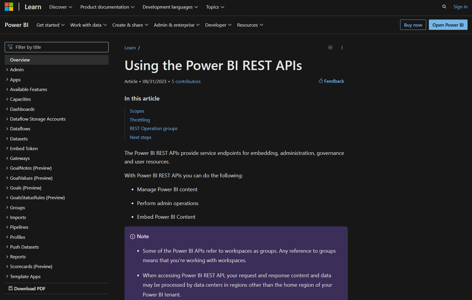 A documentação oficial da Microsoft Power BI REST API