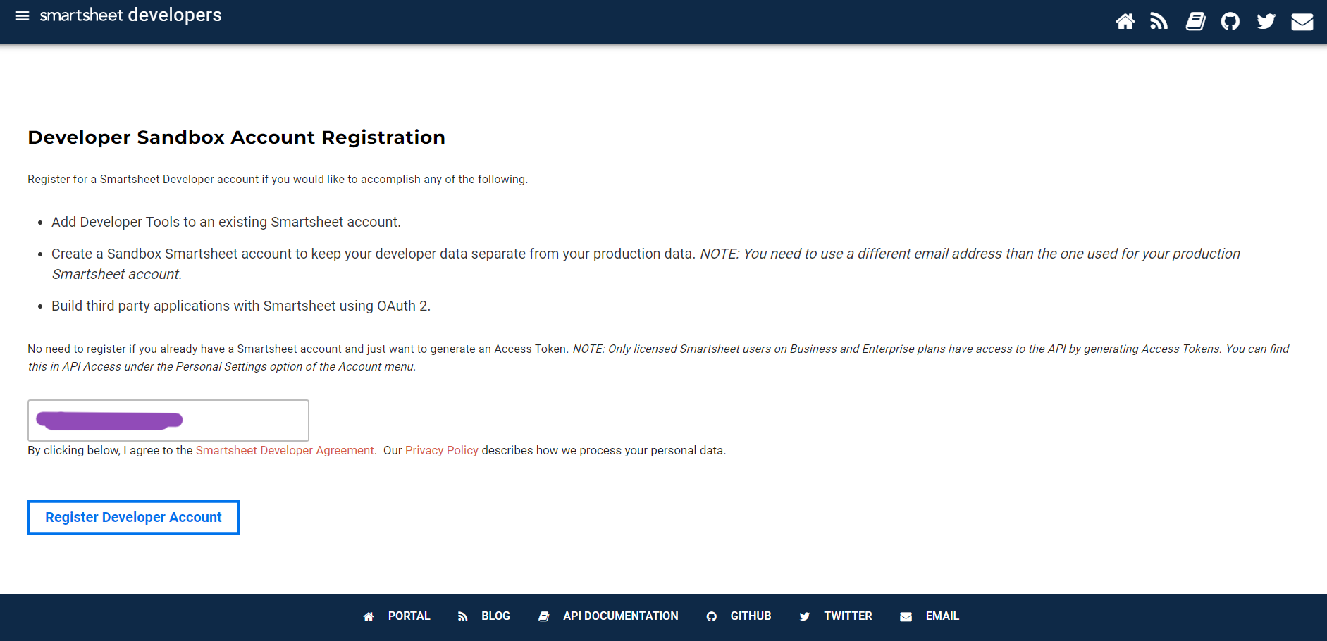 Register page for Smartsheet developers