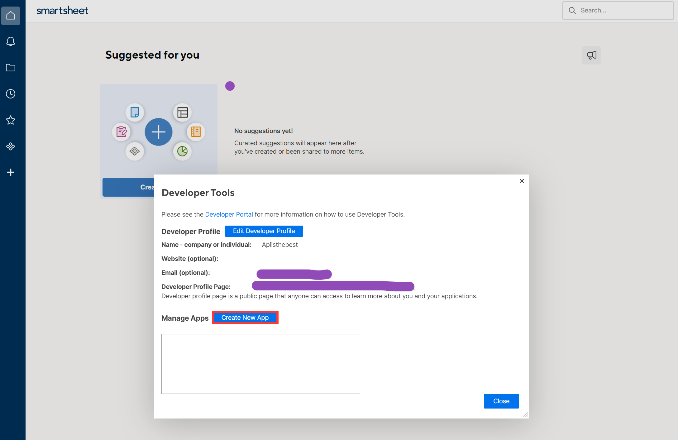 Click "Create New App" to create a new app at Smartsheet