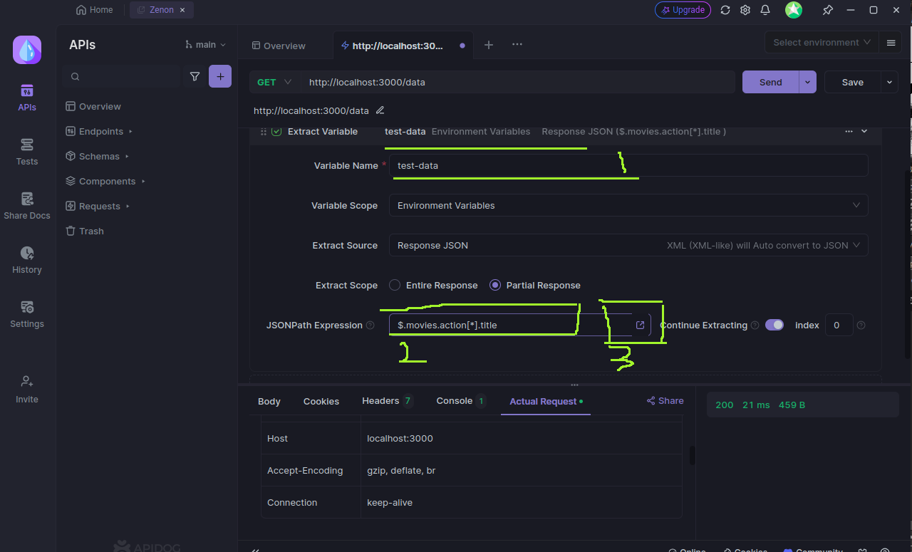 Página de Configuração do Apidog - Extrair JsonPath