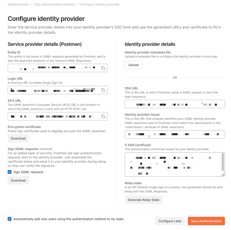 Configuração do SSO do Postman