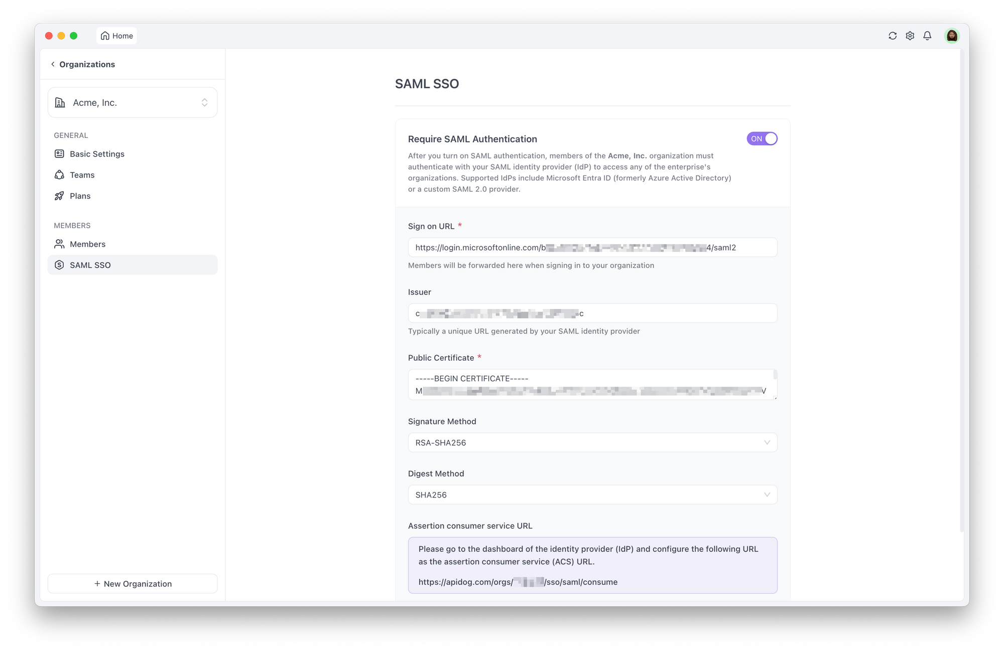 Configurando o SAML SSO no Apidog