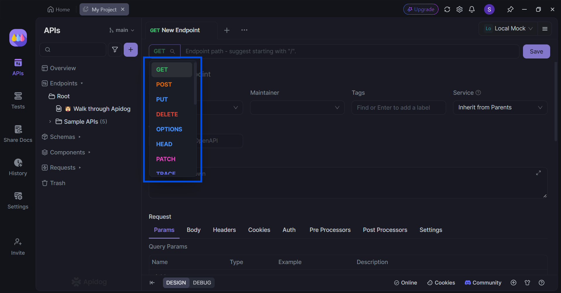 apidog pick http method for endpoint