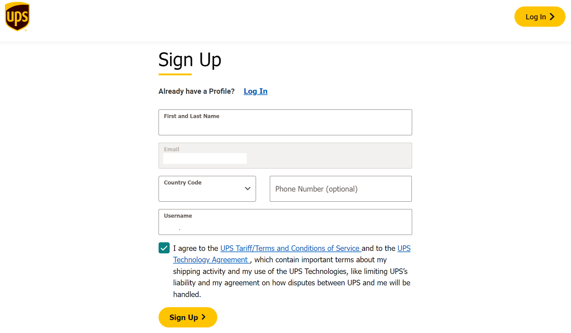 Ups API sign-up page